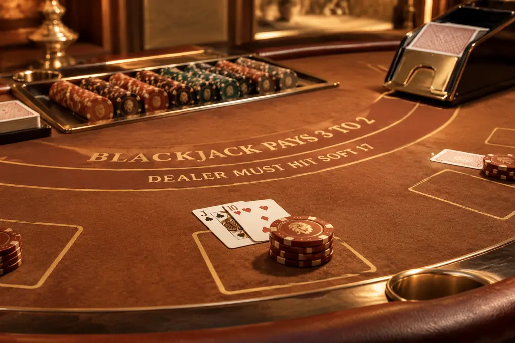 Kartu dan sepatu pembagi pada meja blackjack
