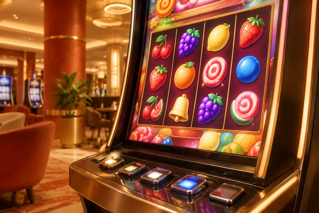 Detail mesin slot bertema permen dengan simbol buah berwarna-warni.
