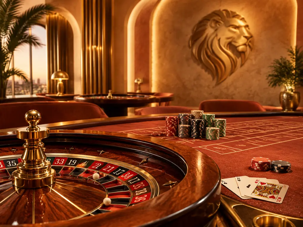 Ruang kasino bernuansa pasir dengan meja roulette dan kartu